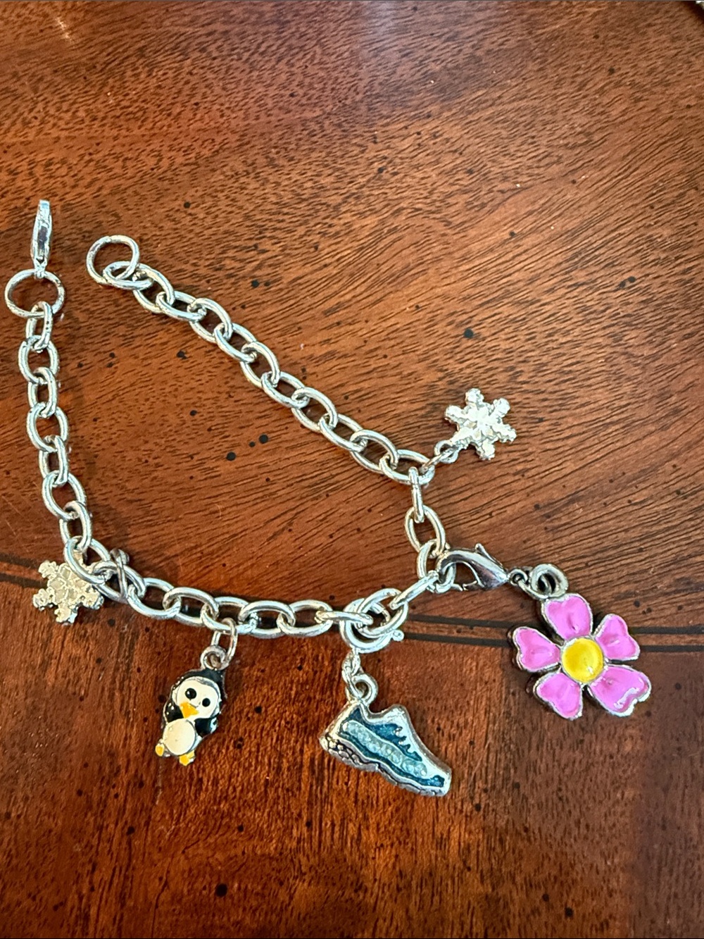 Silver-Tone Kids Charm Bracelet with Pink Flower, Penguin & Sneaker Charms